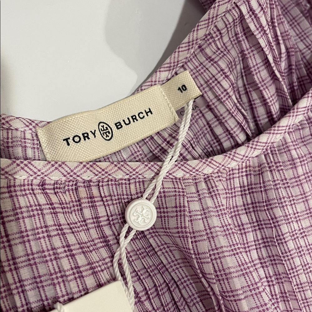 Tory Burch NWT Cotton/Silk Purple Plaid Pleated Dress, Size 10, New! - Picture 4 of 9